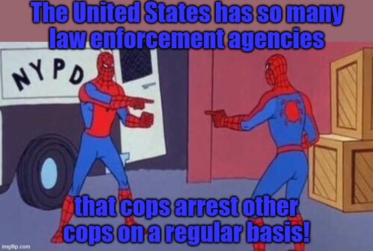 we got too many pigs:  City police, sheriffs, state troopers, highway patrol, US marshals, FBI, ICE, DEA, game wardens, TSA, par | The United States has so many
law enforcement agencies; that cops arrest other cops on a regular basis! | image tagged in spiderman pointing at,police state,fascism,too many,congratulations you played yourself | made w/ Imgflip meme maker