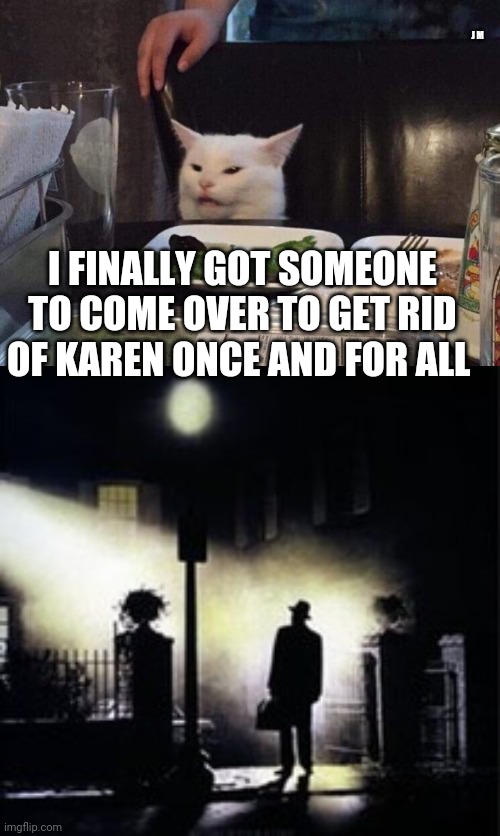 J M; I FINALLY GOT SOMEONE TO COME OVER TO GET RID OF KAREN ONCE AND FOR ALL | image tagged in salad cat | made w/ Imgflip meme maker