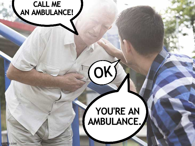 You asked? | CALL ME AN AMBULANCE! OK; YOU'RE AN AMBULANCE. | image tagged in funny,heart attack,call an ambulance but not for me | made w/ Imgflip meme maker