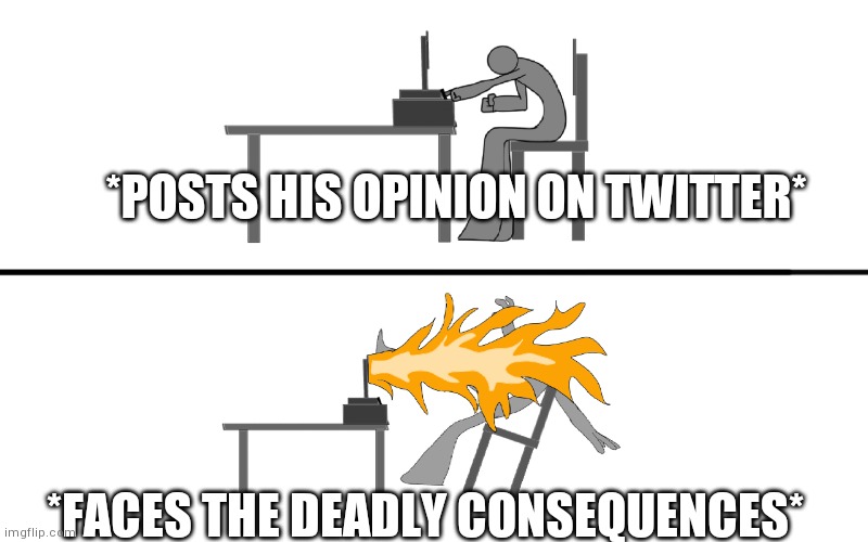  *POSTS HIS OPINION ON TWITTER*; *FACES THE DEADLY CONSEQUENCES* | image tagged in stickman experiencing | made w/ Imgflip meme maker