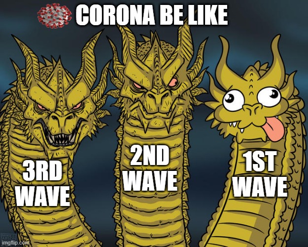 corona wave | CORONA BE LIKE; 2ND WAVE; 1ST WAVE; 3RD WAVE | image tagged in three-headed dragon,coronavirus meme | made w/ Imgflip meme maker