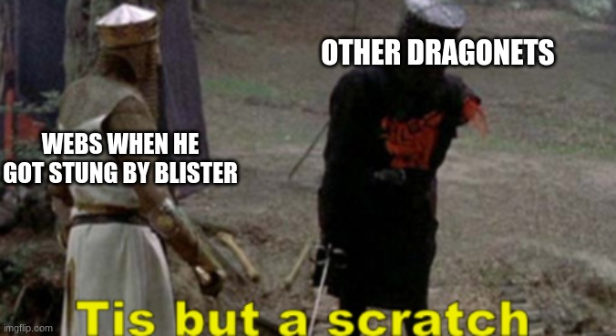 tis but a scratch | OTHER DRAGONETS; WEBS WHEN HE GOT STUNG BY BLISTER | image tagged in wings of fire,wof | made w/ Imgflip meme maker