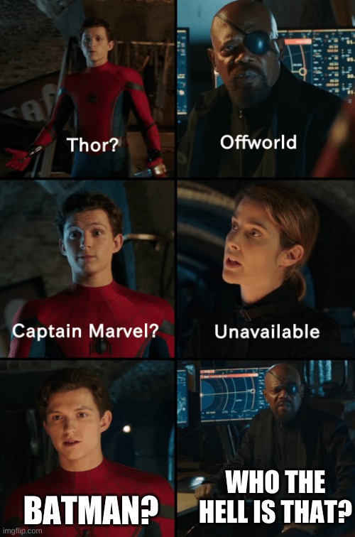 Thor off-world captain marvel unavailable |  BATMAN? WHO THE HELL IS THAT? | image tagged in thor off-world captain marvel unavailable | made w/ Imgflip meme maker