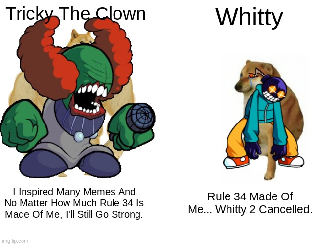 Tricky VS Whitty | Tricky The Clown; Whitty; I Inspired Many Memes And No Matter How Much Rule 34 Is Made Of Me, I'll Still Go Strong. Rule 34 Made Of Me... Whitty 2 Cancelled. | image tagged in tricky whitty | made w/ Imgflip meme maker