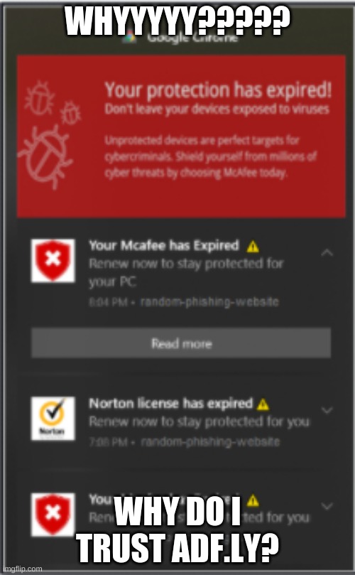 McAfee, Norton, scam galore | WHYYYYY????? WHY DO I TRUST ADF.LY? | image tagged in when u allow adf ly notifications | made w/ Imgflip meme maker