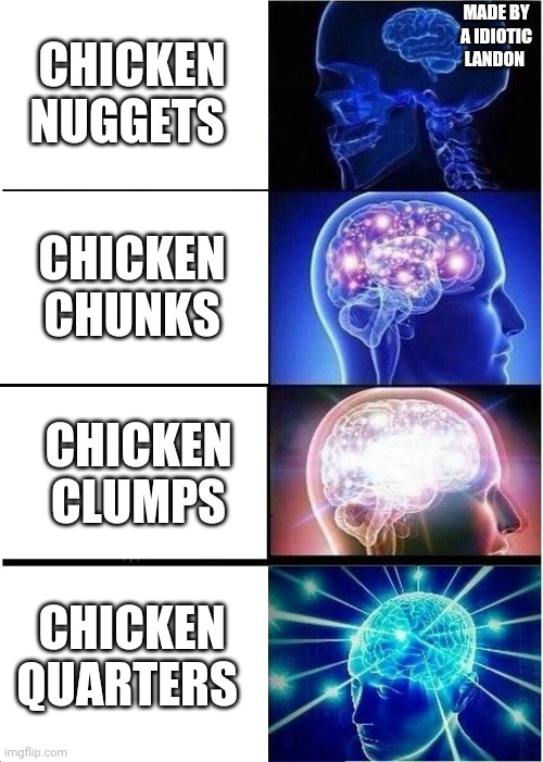 Expanding Brain Meme | MADE BY A IDIOTIC LANDON; CHICKEN NUGGETS; CHICKEN CHUNKS; CHICKEN CLUMPS; CHICKEN QUARTERS | image tagged in memes,expanding brain | made w/ Imgflip meme maker