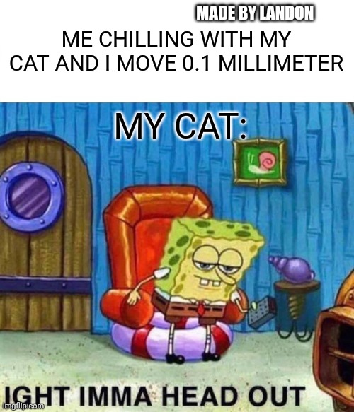 Spongebob Ight Imma Head Out | ME CHILLING WITH MY CAT AND I MOVE 0.1 MILLIMETER; MADE BY LANDON; MY CAT: | image tagged in memes,spongebob ight imma head out | made w/ Imgflip meme maker