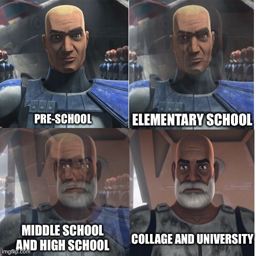 Rex getting older | ELEMENTARY SCHOOL; PRE-SCHOOL; COLLAGE AND UNIVERSITY; MIDDLE SCHOOL AND HIGH SCHOOL | image tagged in rex getting older | made w/ Imgflip meme maker