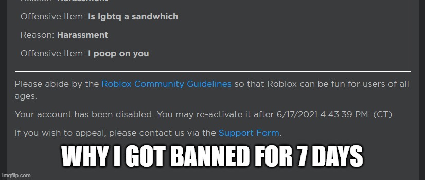 Reasons why I got banned for 7 days |  WHY I GOT BANNED FOR 7 DAYS | image tagged in funny,roblox,memes | made w/ Imgflip meme maker