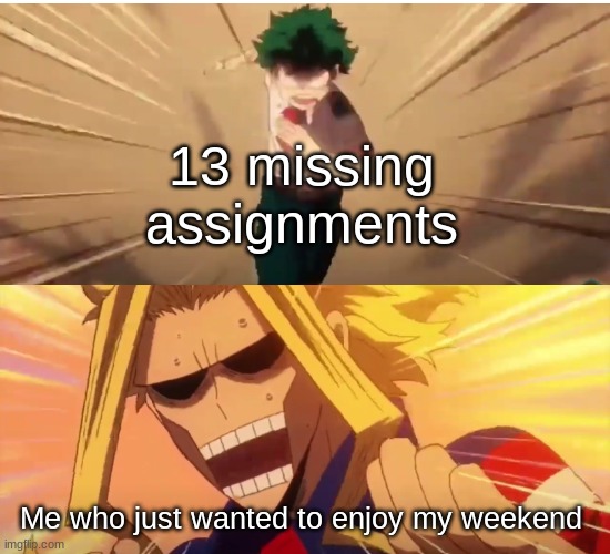 It be like that | 13 missing assignments; Me who just wanted to enjoy my weekend | image tagged in my hero academia,all might,deku | made w/ Imgflip meme maker
