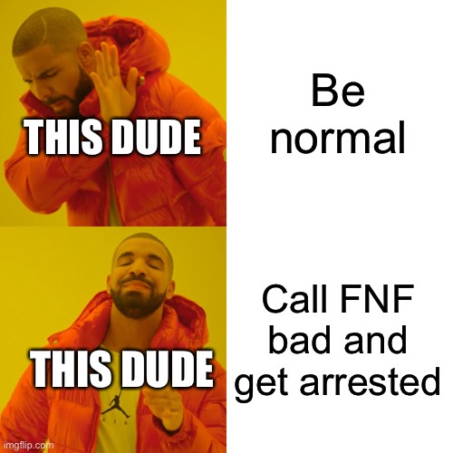 Drake Hotline Bling Meme | Be normal Call FNF bad and get arrested THIS DUDE THIS DUDE | image tagged in memes,drake hotline bling | made w/ Imgflip meme maker