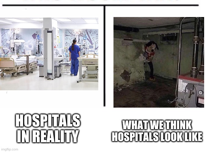 hospitals in reality vs what we think they look like. | WHAT WE THINK HOSPITALS LOOK LIKE; HOSPITALS IN REALITY | image tagged in comparison table,mickey mouse,cursed image | made w/ Imgflip meme maker