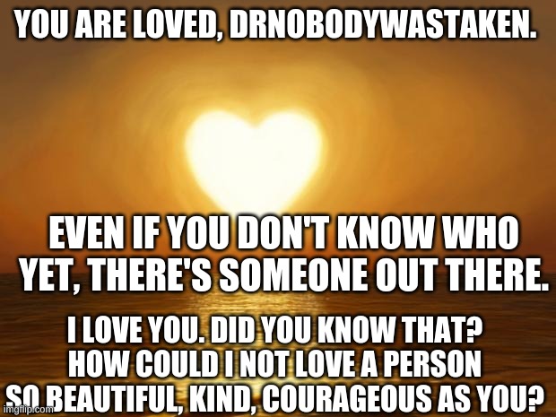 Love | YOU ARE LOVED, DRNOBODYWASTAKEN. EVEN IF YOU DON'T KNOW WHO YET, THERE'S SOMEONE OUT THERE. I LOVE YOU. DID YOU KNOW THAT? HOW COULD I NOT L | image tagged in love | made w/ Imgflip meme maker