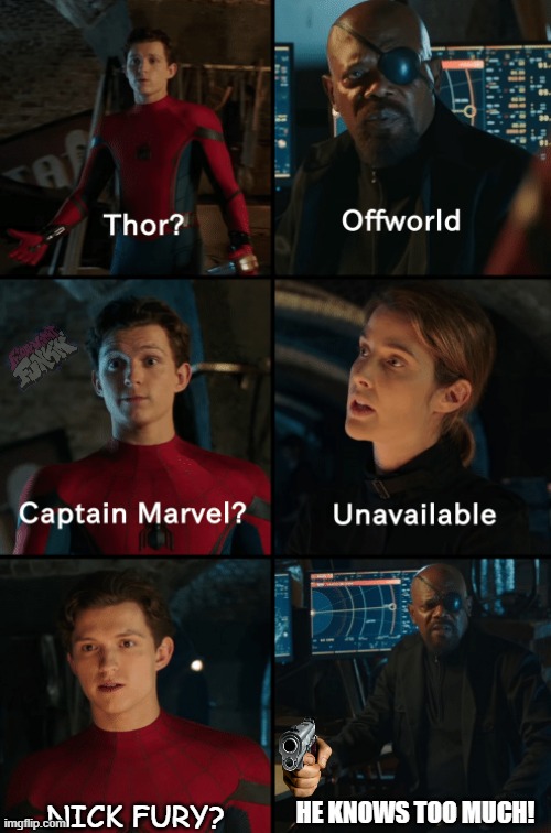 Thor off-world captain marvel unavailable |  HE KNOWS TOO MUCH! NICK FURY? | image tagged in thor off-world captain marvel unavailable | made w/ Imgflip meme maker