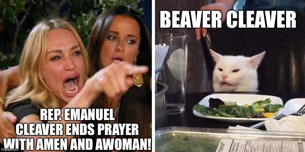 Rep. Emanuel Cleaver ends Prayer with amen & awoman! | BEAVER CLEAVER; REP. EMANUEL CLEAVER ENDS PRAYER WITH AMEN AND AWOMAN! | image tagged in smudge the cat,cleaver,amen awoman,woke bullshit | made w/ Imgflip meme maker