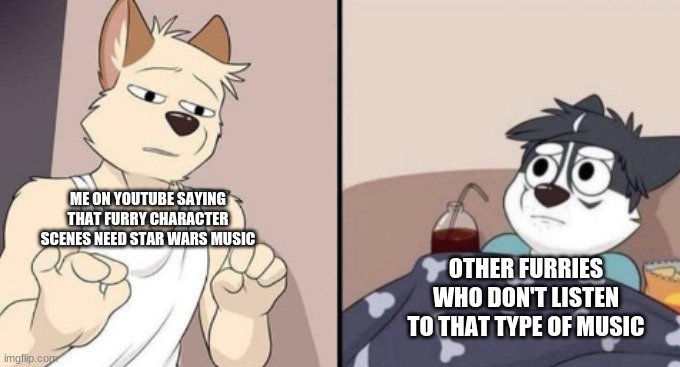 seriously, it fits. | ME ON YOUTUBE SAYING THAT FURRY CHARACTER SCENES NEED STAR WARS MUSIC; OTHER FURRIES WHO DON'T LISTEN TO THAT TYPE OF MUSIC | image tagged in furry explaining meme,furry,furry memes,the furry fandom,furries,star wars | made w/ Imgflip meme maker