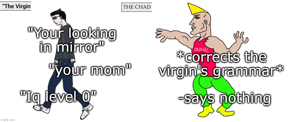 Raise the bar. | "Your looking in mirror"; *corrects the virgin's grammar*; "your mom"; "Iq level 0"; -says nothing | image tagged in virgin and chad | made w/ Imgflip meme maker