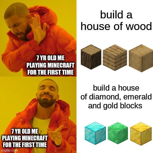 GOD this took me waaaaaaaay longer than it should of | build a house of wood; 7 YR OLD ME PLAYING MINECRAFT FOR THE FIRST TIME; build a house of diamond, emerald and gold blocks; 7 YR OLD ME PLAYING MINECRAFT FOR THE FIRST TIME | image tagged in memes,minecraft,house,diamond,gold | made w/ Imgflip meme maker