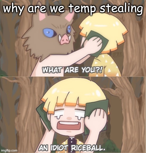 An Idiot Riceball | why are we temp stealing | made w/ Imgflip meme maker