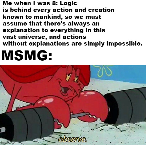 Wow. | Me when I was 8: Logic is behind every action and creation known to mankind, so we must assume that there's always an explanation to everything in this vast universe, and actions without explanations are simply impossible. MSMG: | image tagged in observe | made w/ Imgflip meme maker