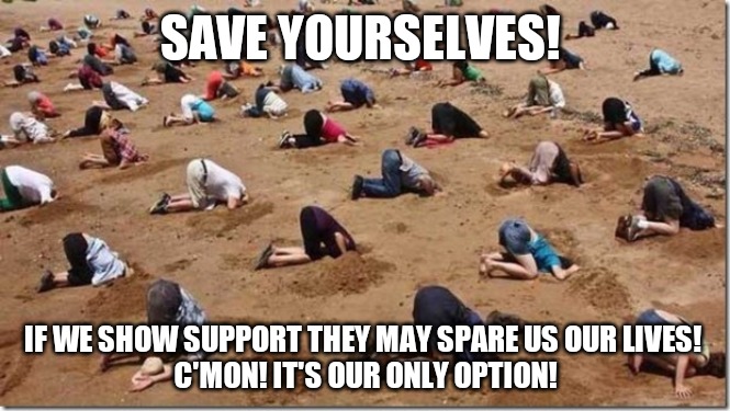 Head in sand | SAVE YOURSELVES! IF WE SHOW SUPPORT THEY MAY SPARE US OUR LIVES! 
C'MON! IT'S OUR ONLY OPTION! | image tagged in head in sand | made w/ Imgflip meme maker