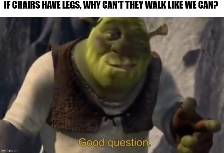 chair question | IF CHAIRS HAVE LEGS, WHY CAN'T THEY WALK LIKE WE CAN? | image tagged in shrek good question | made w/ Imgflip meme maker