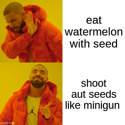 Drake Hotline Bling Meme | eat watermelon with seed; shoot aut seeds like minigun | image tagged in memes,drake hotline bling | made w/ Imgflip meme maker