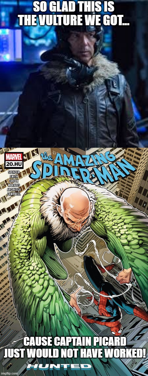 Good Choice | SO GLAD THIS IS THE VULTURE WE GOT... CAUSE CAPTAIN PICARD JUST WOULD NOT HAVE WORKED! | image tagged in spiderman,vulture,marvel | made w/ Imgflip meme maker