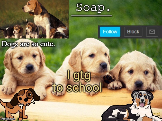 Soap doggo temp | I gtg to school | image tagged in soap doggo temp ty yachi | made w/ Imgflip meme maker