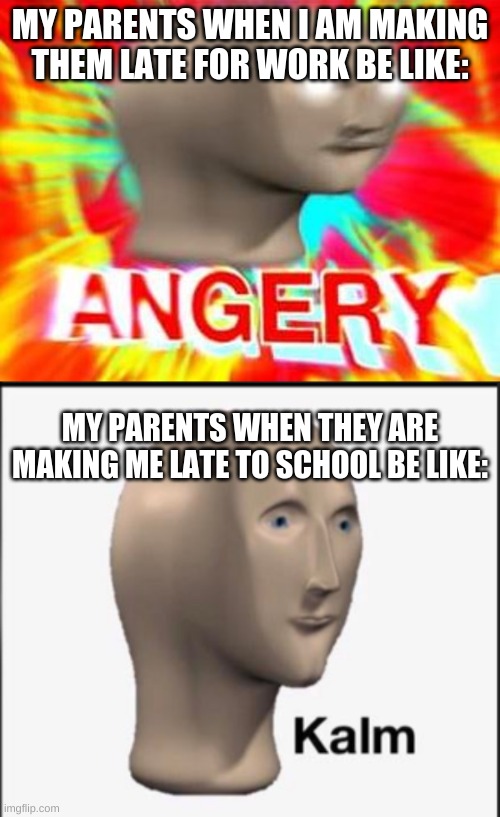 MY PARENTS WHEN I AM MAKING THEM LATE FOR WORK BE LIKE:; MY PARENTS WHEN THEY ARE MAKING ME LATE TO SCHOOL BE LIKE: | image tagged in surreal angery,memes,panik kalm panik | made w/ Imgflip meme maker