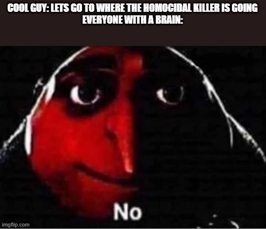Horror Movies be like: | COOL GUY: LETS GO TO WHERE THE HOMOCIDAL KILLER IS GOING
EVERYONE WITH A BRAIN: | image tagged in gru no | made w/ Imgflip meme maker