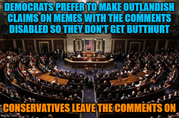 Butthurt Liberals | DEMOCRATS PREFER TO MAKE OUTLANDISH CLAIMS ON MEMES WITH THE COMMENTS DISABLED SO THEY DON'T GET BUTTHURT; CONSERVATIVES LEAVE THE COMMENTS ON | image tagged in libtards,dumbocrats | made w/ Imgflip meme maker