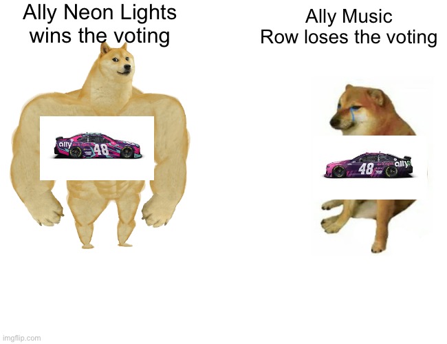 Ally Neon Lights VS Ally Music Row | Ally Neon Lights wins the voting; Ally Music Row loses the voting | image tagged in memes,buff doge vs cheems | made w/ Imgflip meme maker