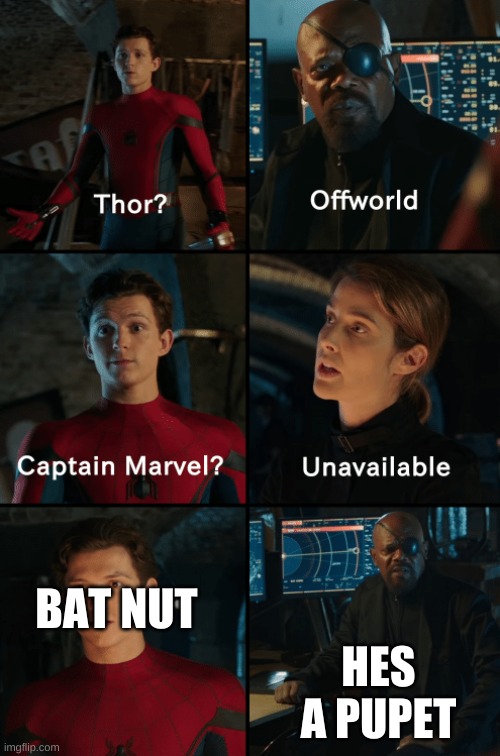 funny meme | BAT NUT; HES A PUPET | image tagged in thor off-world captain marvel unavailable | made w/ Imgflip meme maker