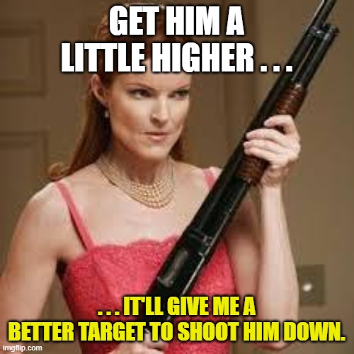 wife with a shotgun | GET HIM A LITTLE HIGHER . . . . . . IT'LL GIVE ME A BETTER TARGET TO SHOOT HIM DOWN. | image tagged in wife with a shotgun | made w/ Imgflip meme maker