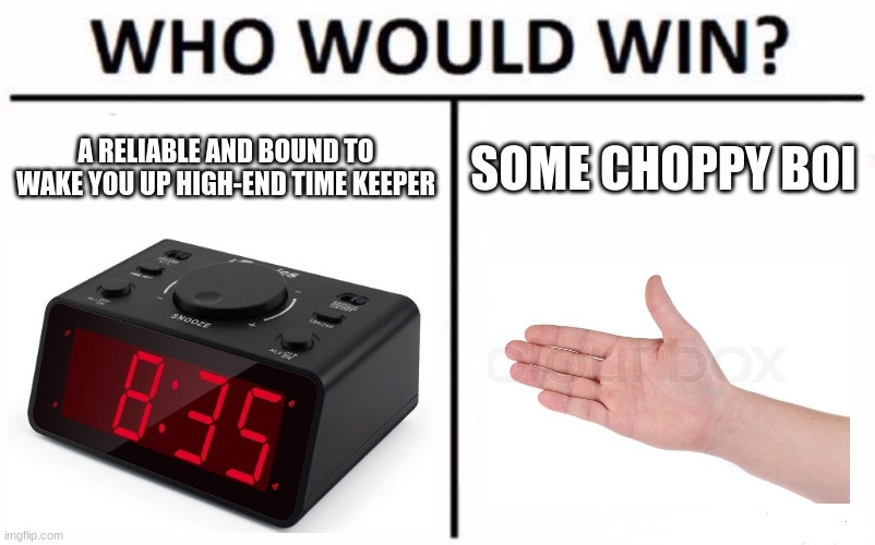 Some Choppy Boi | A RELIABLE AND BOUND TO WAKE YOU UP HIGH-END TIME KEEPER; SOME CHOPPY BOI | image tagged in memes,who would win | made w/ Imgflip meme maker