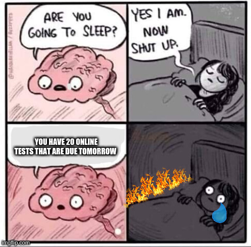 Are you going to sleep? | YOU HAVE 20 ONLINE TESTS THAT ARE DUE TOMORROW | image tagged in are you going to sleep | made w/ Imgflip meme maker