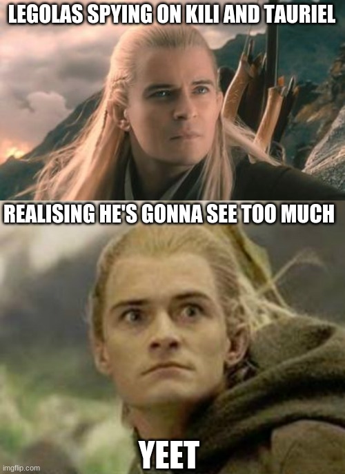 Legolas-Kiliel meme | LEGOLAS SPYING ON KILI AND TAURIEL; REALISING HE'S GONNA SEE TOO MUCH; YEET | image tagged in lotr,caught | made w/ Imgflip meme maker
