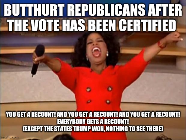 Lets spend millions to accomplish nothing! | BUTTHURT REPUBLICANS AFTER THE VOTE HAS BEEN CERTIFIED; YOU GET A RECOUNT! AND YOU GET A RECOUNT! AND YOU GET A RECOUNT!
EVERYBODY GETS A RECOUNT! (EXCEPT THE STATES TRUMP WON, NOTHING TO SEE THERE) | image tagged in memes,oprah you get a,politics,funny | made w/ Imgflip meme maker
