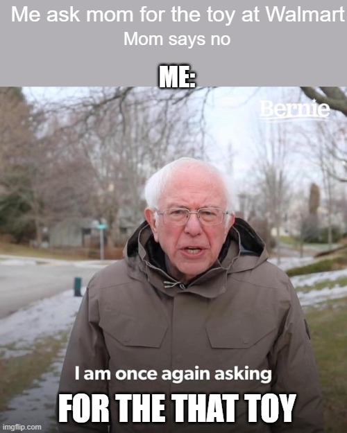 Bernie I Am Once Again Asking For Your Support | Me ask mom for the toy at Walmart; Mom says no; ME:; FOR THE THAT TOY | image tagged in memes,bernie i am once again asking for your support | made w/ Imgflip meme maker