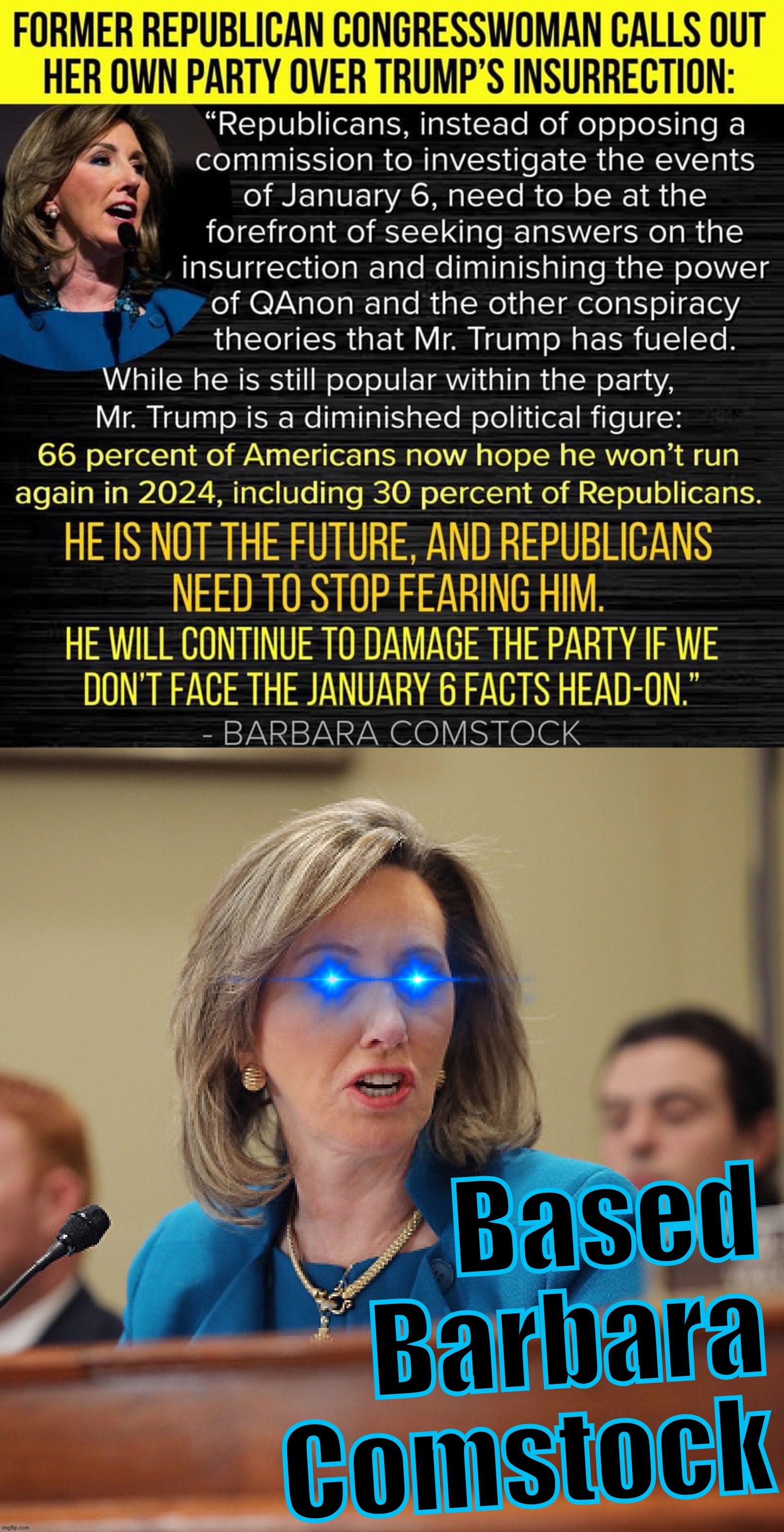 Who the hell is Barbara Comstock? I dunno man: but now she’s a meme | image tagged in republican congresswoman calls out qanon,based barbara comstock,qanon,republicans,republican party | made w/ Imgflip meme maker