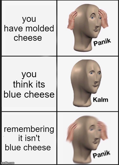 Panik Kalm Panik Meme | you have molded cheese; you think its blue cheese; remembering it isn't blue cheese | image tagged in memes,panik kalm panik | made w/ Imgflip meme maker