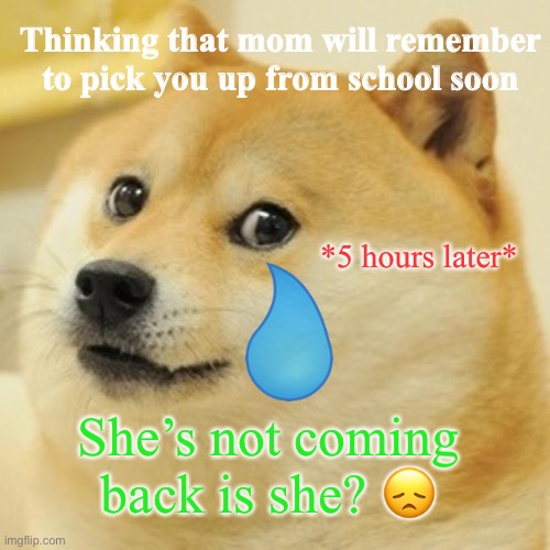 Doge | Thinking that mom will remember to pick you up from school soon; *5 hours later*; She’s not coming back is she? 😞 | image tagged in memes,doge | made w/ Imgflip meme maker