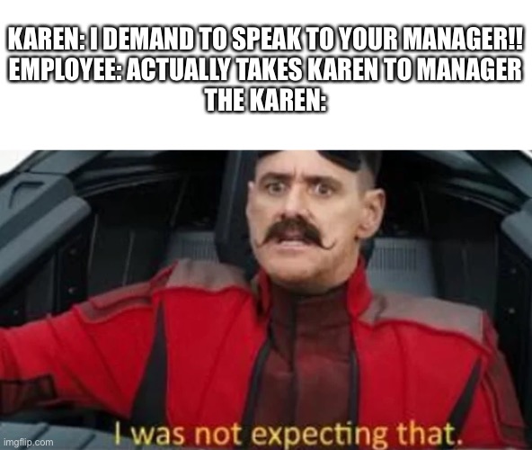 I was not expecting that | KAREN: I DEMAND TO SPEAK TO YOUR MANAGER!!
EMPLOYEE: ACTUALLY TAKES KAREN TO MANAGER
THE KAREN: | image tagged in i was not expecting that | made w/ Imgflip meme maker