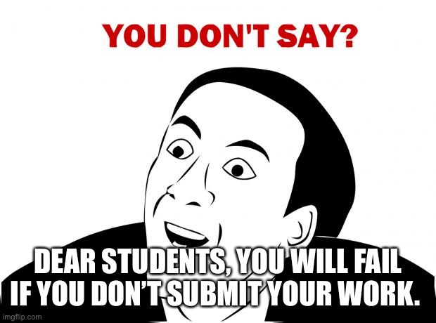 Students | DEAR STUDENTS, YOU WILL FAIL IF YOU DON’T SUBMIT YOUR WORK. | image tagged in memes,you don't say | made w/ Imgflip meme maker