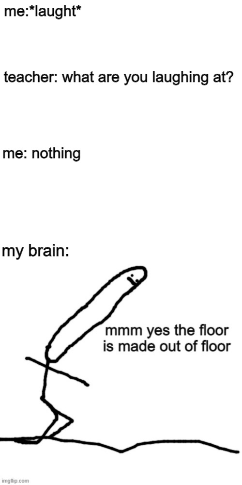 an logic version of the original meme | me:*laught*; teacher: what are you laughing at? me: nothing; my brain: | image tagged in memes,blank transparent square,hmm yes the floor here is made out of floor | made w/ Imgflip meme maker