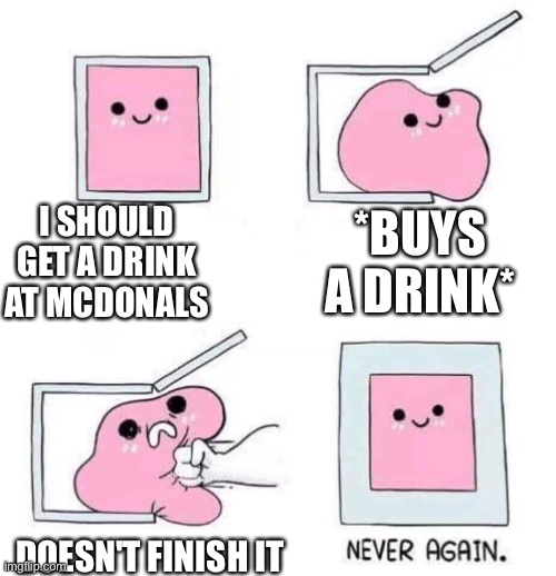 Never again | I SHOULD GET A DRINK AT MCDONALS; *BUYS A DRINK*; DOESN'T FINISH IT | image tagged in never again | made w/ Imgflip meme maker