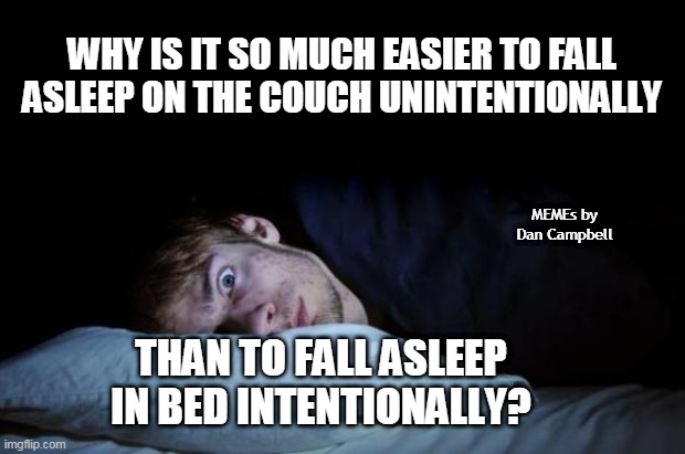 Insomnia | WHY IS IT SO MUCH EASIER TO FALL ASLEEP ON THE COUCH UNINTENTIONALLY; MEMEs by Dan Campbell; THAN TO FALL ASLEEP IN BED INTENTIONALLY? | image tagged in insomnia | made w/ Imgflip meme maker