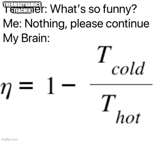 I "carnot" use this equation without looking at T_hot | THERMODYNAMICS TEACHER | image tagged in teacher what's so funny,carnot,heat,engine,theoretical,thermodynamics | made w/ Imgflip meme maker
