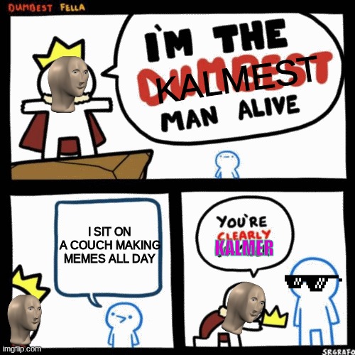 I'm the dumbest man alive | KALMEST; I SIT ON A COUCH MAKING MEMES ALL DAY; KALMER | image tagged in i'm the dumbest man alive | made w/ Imgflip meme maker